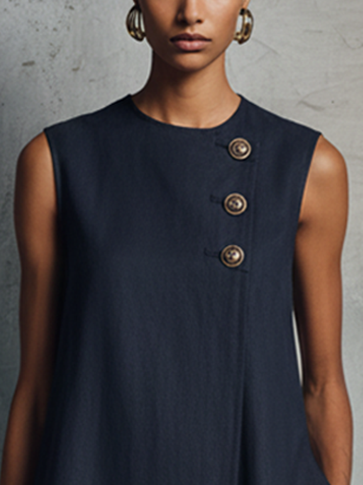 Women's Minimalist Professional Navy Blue Mini Dress with Crew Neck, Asymmetrical Buttons, Side Pocket, and Sleeveless Design